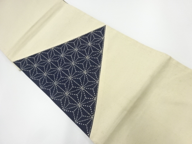 アンティーク　綿紬切嵌刺し子麻の葉模様袋帯（材料）